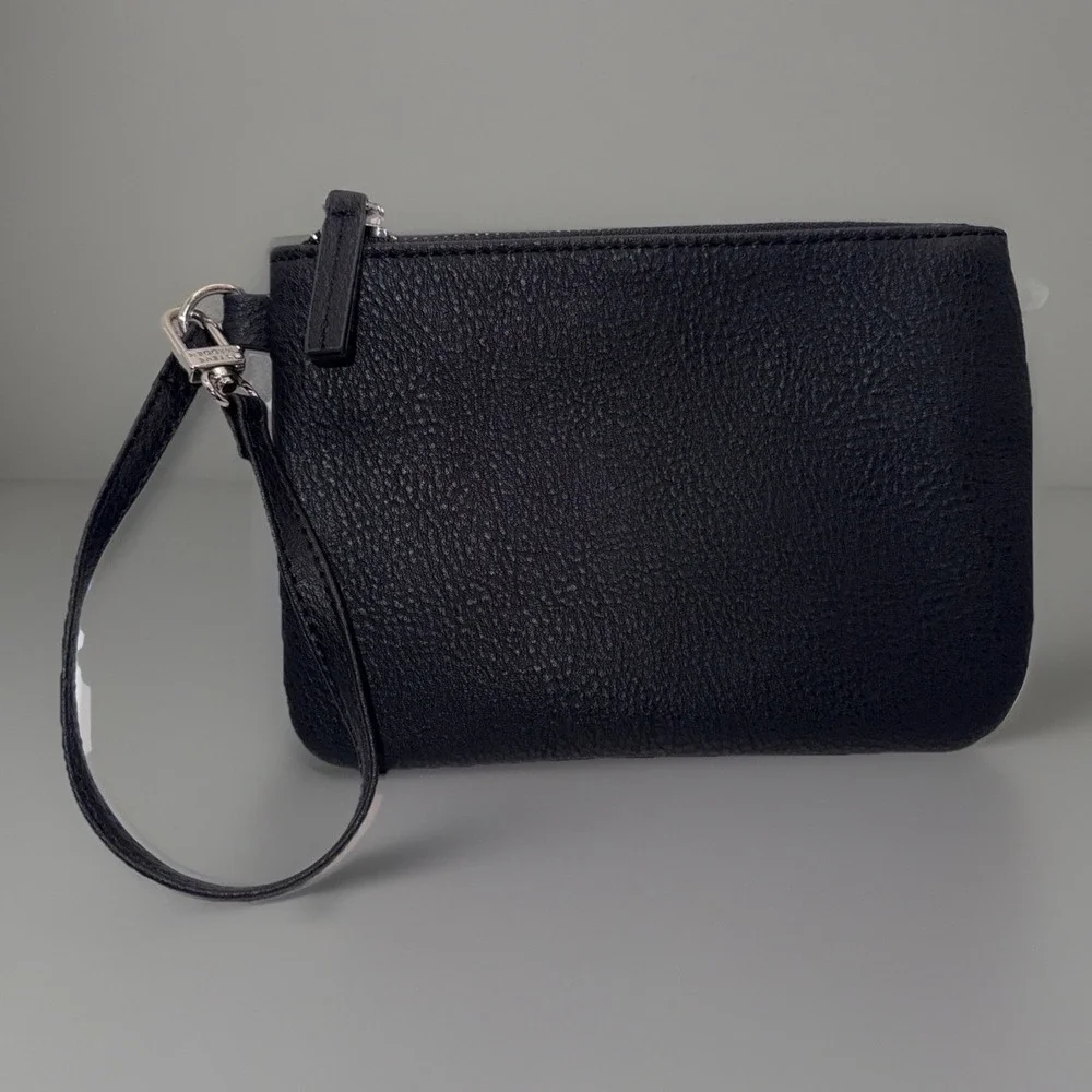 Steve Madden Black Wristlet Silver Faux Leather Wallet Coin Pouch